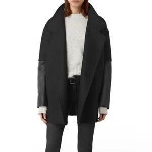 All Saints Meade Lea Coat Black Wool / Leather Size 6